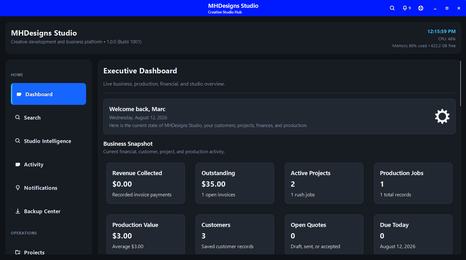 MHDesigns Studio Executive Dashboard