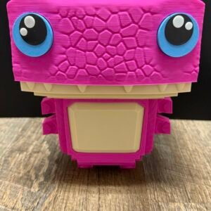 Large pink 3D-printed Klombo-inspired dinosaur display figure with blue eyes